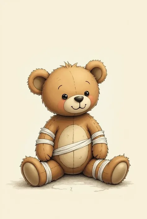 BOTTOMLESS ILLUSTRATION: Sitting teddy bear , hit with bandages ,  patches tearing 
