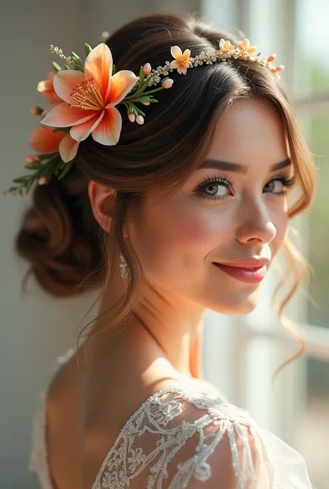 create a realistic image of a bridal hairstyle, with bright