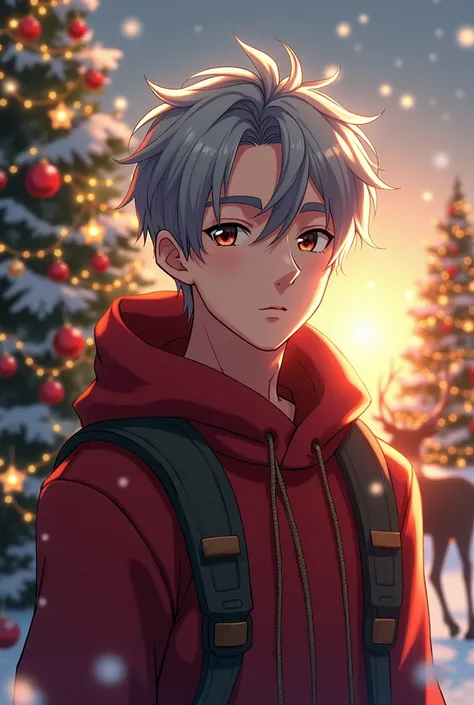  Young man anime , moreno ,gray hair,barba canosa ,Christmas clothes, Christmas tree and reindeer 