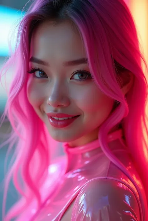 NSFW, A very young stylish idol with glossy transparent lipstick, smiling face, defined eyebrows, edgy makeup, long eyelashes, full body, wearing a sheer neon pink latex body, colorful hair,  (best quality, 4k, 8k, highres, masterpiece:1.2), ultra-detailed...