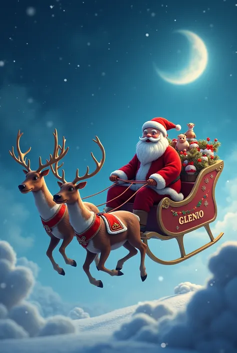 Santa Claus flying in the sleigh pulling a sash on the back with the name " G L E N I O  "  in colored letters 