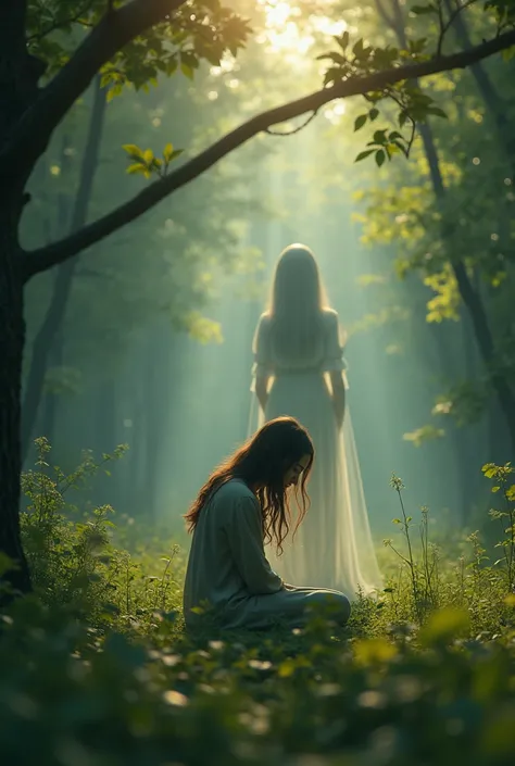 Teenage girl kneeling under the tree in the forest clearing , crying. The light of dawn crosses the branches ,  and an ethereal figure representing her deceased mother appears behind her.