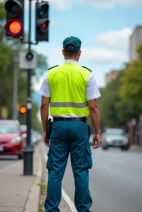  comic of young traffic officer , standing,  looking straight ahead ,  petrol blue pants ,  phosphorescent green vest , camisa blanca,  black shoes directing traffic on an avenue in the city of Cuenca Ecuador 