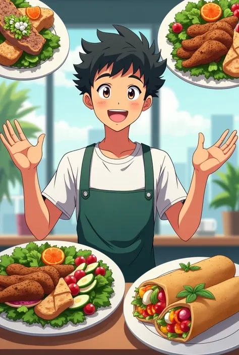 Presentation of the healthy menu
A young man offers a healthy menu with fresh options such as bowls, salads and wraps .
• Text: " But now you can choose better !  With our healthy menu ,  take care of your body and mind ."
( anime style)