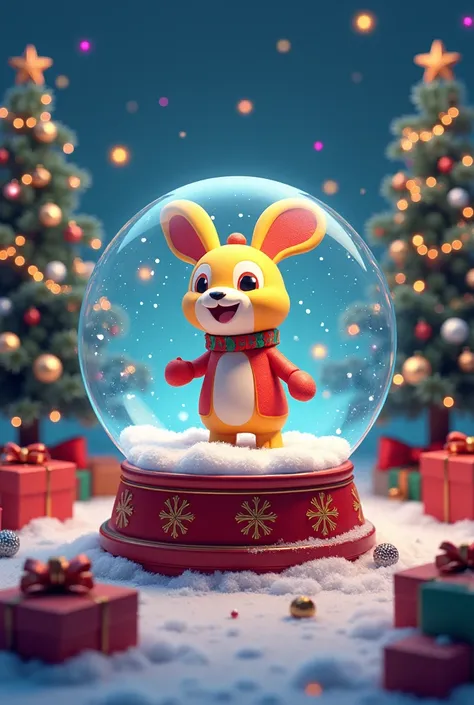 A Christmas sphere with a drawing of Chooky from bt21 and in the background a Christmas tree adorned with some presents underneath and colored lights