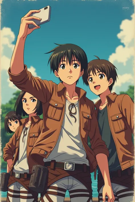 " Anime-style scene with retro aesthetics , showing the *Levi Ackerman*:do * anime Attack on titan*  taking a selfie with the characters Eren , mikasa, Armin, Hamge from the anime *.  The image with a nostalgic vibe of the animes of the 1980-1990s, vibrant...