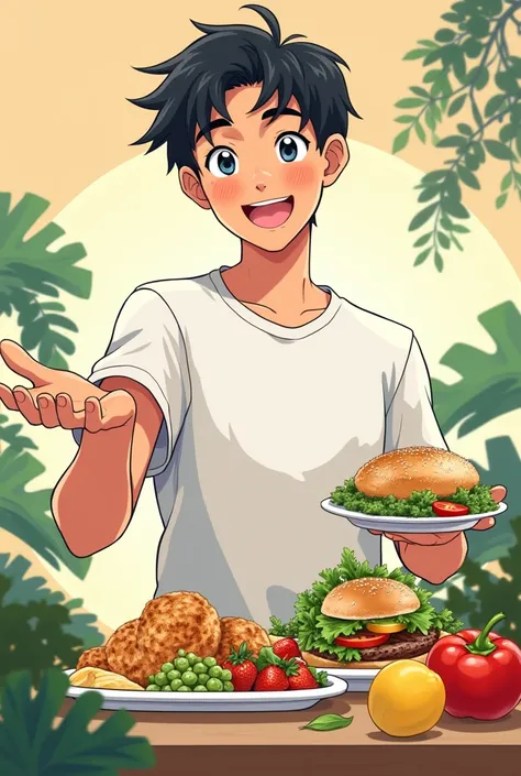 Presentation of the healthy menu
A young man in your hand offers a healthy menu with fresh options such as bowls, salads and wraps .
• Text: " But now you can choose better !  With our healthy menu ,  take care of your body and mind ."
( anime style)