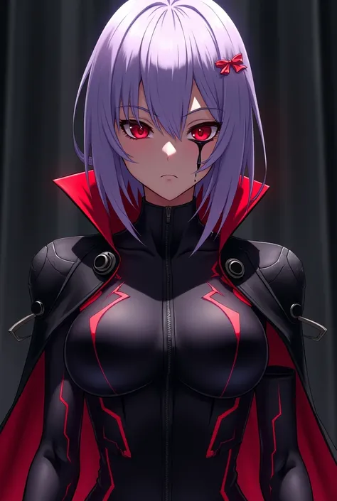 Anime girl with a small scar over her eye brow. lavender hair and red eyes. A black eye. Wearing a villain costume 