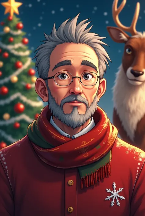 anime man,moreno, short gray hair ,barba canosa. Christmas clothes,Reindeer and Christmas tree 