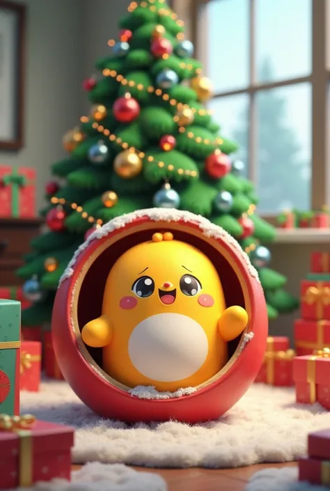 A sphere with Chooky by bt21 and in the background a Christmas tree adorned with some presents underneath and colored lights