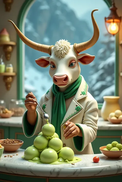 Giovanni – The Alchemist of Gelato
Generate a hyper-realistic, cinematic image of an anthropomorphic bull named Giovanni, a legendary gelato maker, skillfully crafting a pistachio gelato. Giovanni is dressed in a white jacket with emerald-green embroidery ...