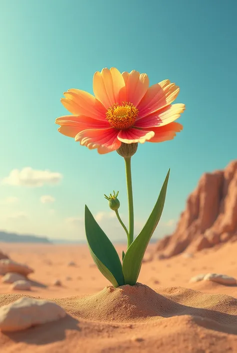 A blooming flower in the middle of a desert , With the text:  Beauty can always grow out of adversity.