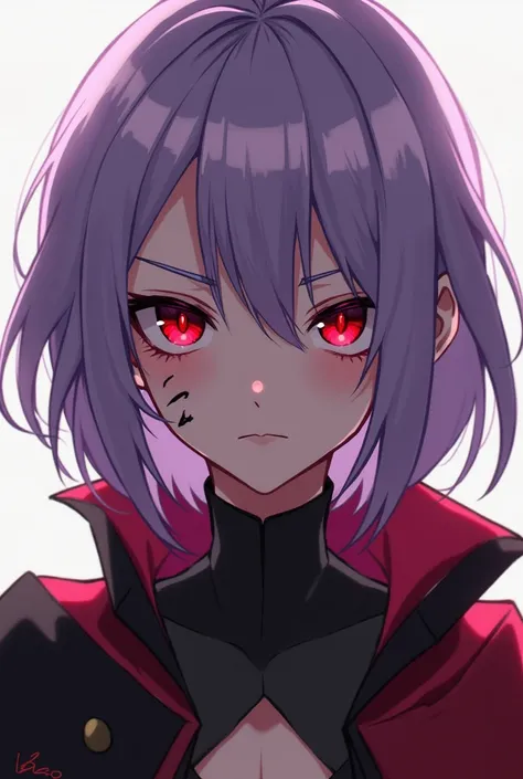 Anime girl with a small scar over her eye brow. lavender hair and red eyes. A bruised eye. Wearing a villain costume 