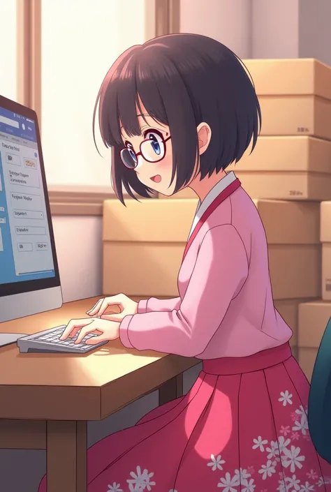 Could you make me a Japanese-style animated character of a 25-year-old girl with short hair and hairstyle, glasses, pink clothes and a Korean-style made-up skirt with cherry blossoms working on a computer shopping online., with a lot of order boxes around ...