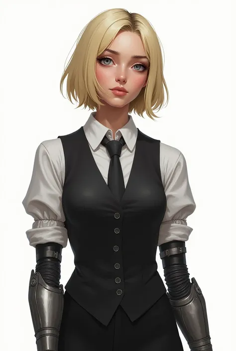 2d drawing , dark fantasy style , woman, 30 years old, rectangular face shape, coarse facial features,  short well-groomed blonde hair,  formal wear , black vest,  mechanical arms steampunk ,  art,  white background