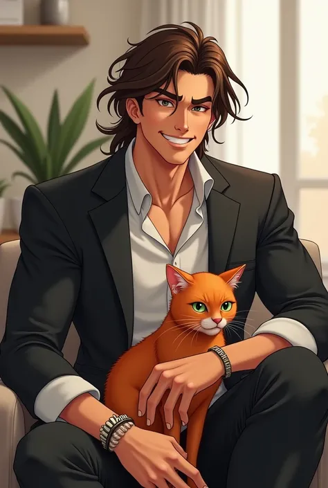  180 brown ,  with long brown-brown hair , kaslı yapılı, babyface,  with mischievous smile ,  with long brown-brown hair ,  Let it be a red cat on his lap in a modern suit ,  bracelet  "Draw on Liya "  with slightly slanting green eyes ,  with a blazer {x}