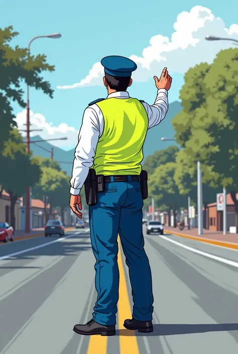 illustration of traffic officer , age 30 years,  delgado, Blue pants, phosphorescent green vest , white long-sleeved shirt,  black shoes, directing traffic ,  looking straight ahead ,   on an avenue in the city of Cuenca Ecuador 