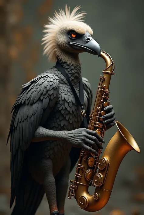 ANOTHER ULTRA-REALISTIC IMAGE OF URUBU PLAYING THE SAXOPHONE. THE URUBU SHOULD HAVE VERY DETAILED AND REALISTIC FEATHER THE SCENE SHOULD FOCUS ON REALISM, WITH ACCURATE TEXTURES AND LIGHTING, PRESENTS A SIMPLE AND NEUTRAL BACKGROUND TO EMPHASIZE THE URUBU ...