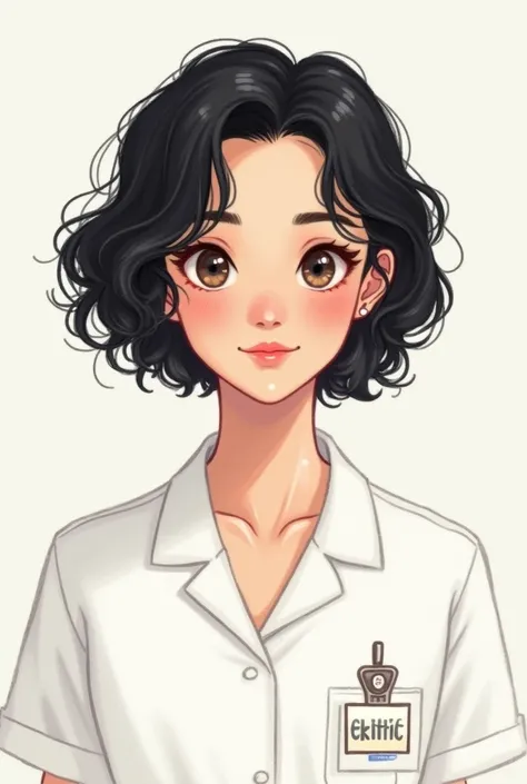 Generate a white nurse with short curly black hair, drawing style