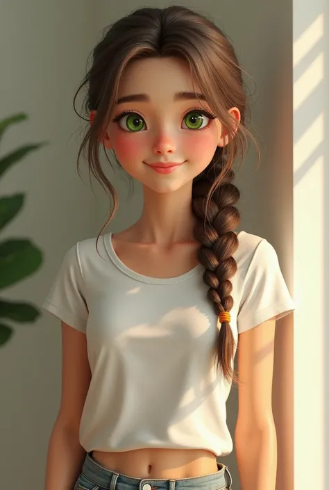  Green-eyed Woman.  He has a short sleeve t-shirt,  pants and tennis.  Fair skin and long hair , in braid .  smiling.  Light brown hair . 