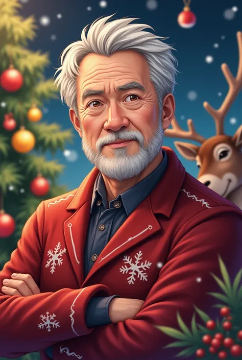 anime man,moreno, short gray hair ,barba canosa. Christmas clothes,Reindeer and Christmas tree 