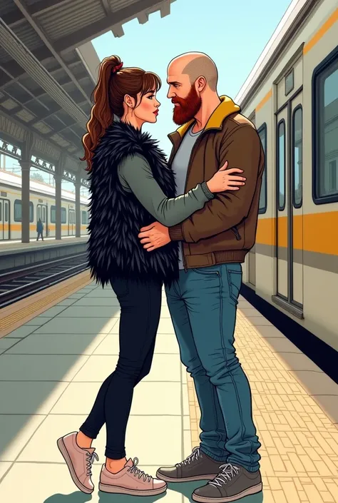  Create in a comic style drawing format so that the scene is romantic ,  The place is the Sants Barcelona train station ,  in the image you can see a couple who are hugging each other because they are saying goodbye because the boy has to catch the train.
...