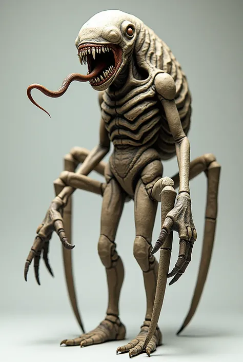  A human body with long arms and giant insect legs sticking out of the back and resting on the floor. Round mouth full of teeth on the face and a very long tongue comes out from inside the mouth 