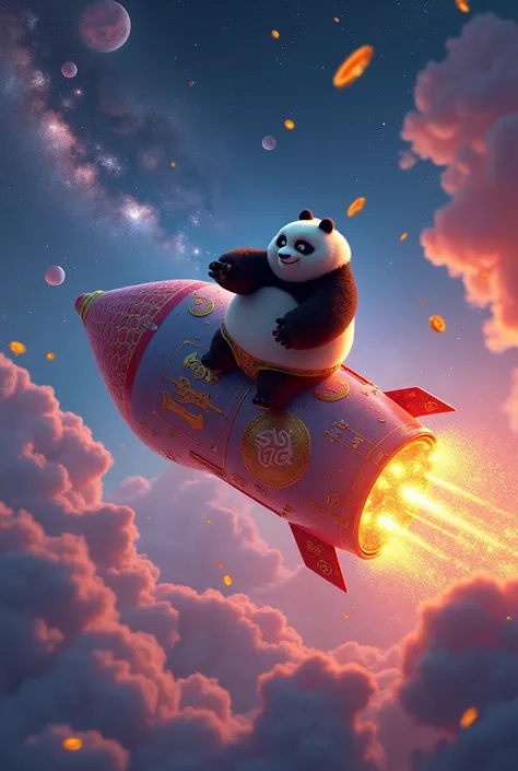 Kung fu panda flaing to moon and siting on cripto rocket name ShiFuToken in galaxi with full of cripto coins 