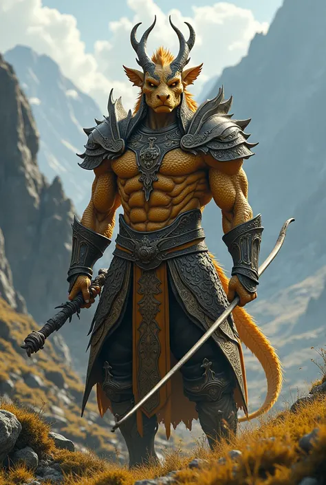 a highly detailed oriental golden dragonborn in mongol-style armor, holding a long bow, beautiful detailed eyes, detailed facial features, cinematic lighting, epic fantasy landscape, hyper detailed, masterpiece