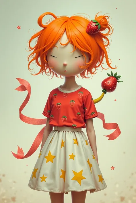 A person with orange hair, red strawberry shirts and a white skirt with yellow stars on their face and without a head, orange hair, long animated ribbon.