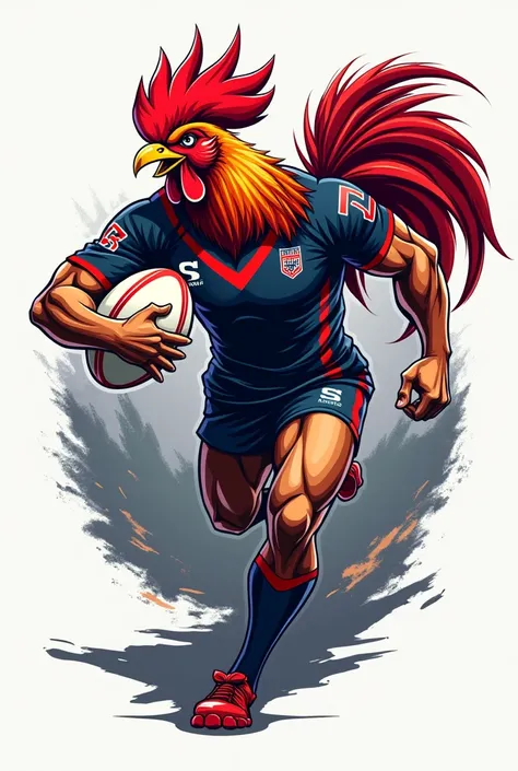 Create a rugby league team logo called Kimbe roosters with a rooster running with a rugby ball