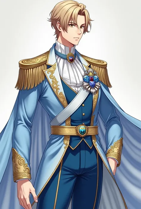   full anime images  ,Young Prince, Men with a strong, graceful figure ,  Muscular men ,Elegant and confident  . . He has a spectacular appearance  ,  , with a firm face color and an elegant posture  .  , wearing a silver and light blue royal dress  ,  , a...