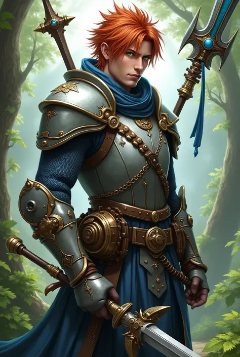 Create final fantasy style a handsome man with short red hair with a large tuft with green eyes wearing a light grey Hauberk steampunk with blue details holding a metallic steampunk spear with blue details in a beautiful forest