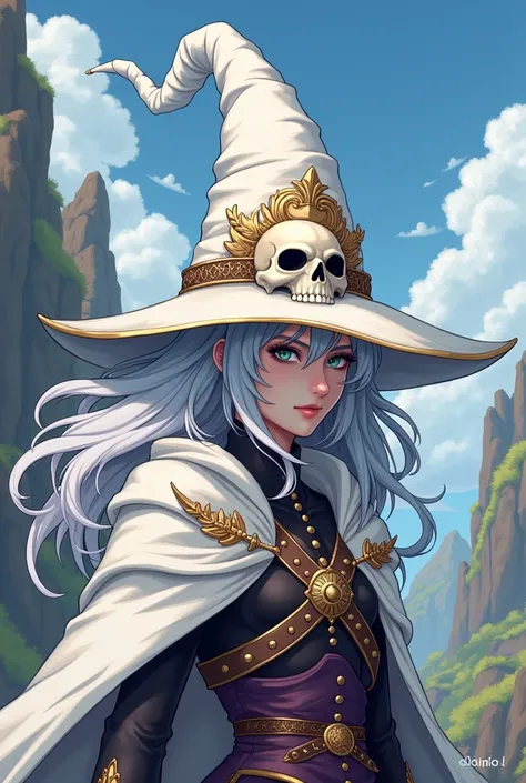 Generate me an Ngs Graal online classic hat of skull and hair behind in white color in 2D RPG