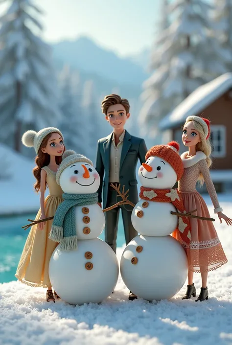  I need an image of four snowmen, a male doll and three women 