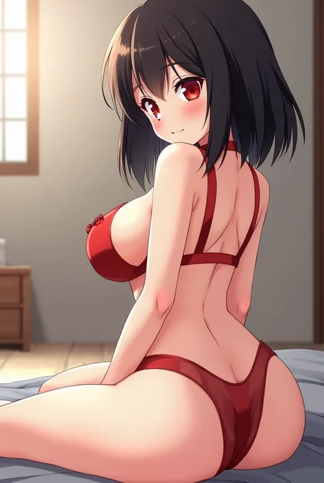  A woman with black hair at shoulder length and red eyes, her breasts are huge and her hips are very wide ,  she is on her back and seated with her legs wide open ,  looking back ,  wears floss panties and a transparent bra .  anime style .
