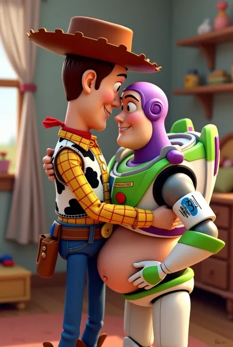  create a picture of Woody from Toys Story hugging Buzz Lightyear, The latter has a pregnant belly 