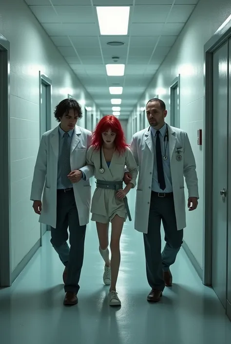  Two doctors in white coats lead a girl with red hair in a straitjacket under their arms down a dark white corridor.  There are many doors around . The walls are covered  