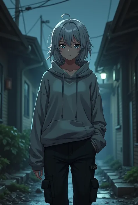 Grey Hair,Black Eyes, medium hair, pure white skin, pretty girl,Neutral,cool, curvy body ,Muscular, Tall,Beautiful breasts, nice butt,grey oversized hoodie, black cargo pants ,High school-aged woman, anime style,Slums at night, Ultra High Definition, top q...