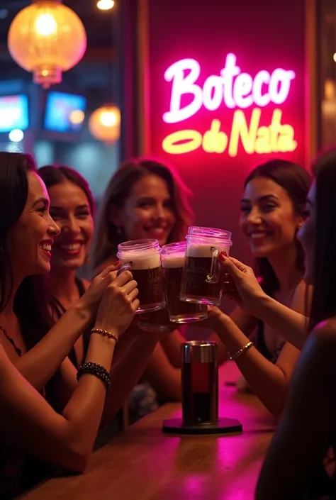 Group of beautiful women celebrating at a bar,  all toasting with their shop mugs , flashy sign on the back with the phrase Boteco do Nata and the Roda Pé written the phrase come have fun lets have a?