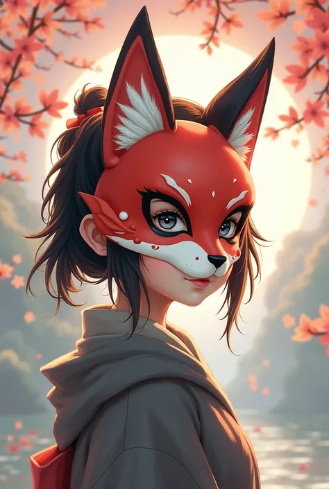  A girl wearing a yakujo mask ,  a mask from Japan ,  the mask will have fox dark circles ,  the mask must be a fox ,  on the mask may be drawn a Sakura leaf (Pink tree from Japan ), cartoon anime style  