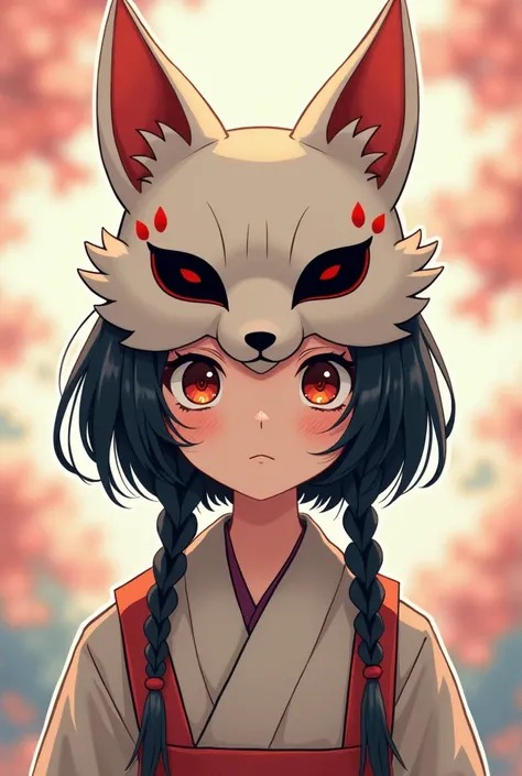  A girl wearing a yakujo mask ,  a mask from Japan ,  the mask will have fox dark circles ,  the mask must be a fox ,  on the mask may be drawn a Sakura leaf (Pink tree from Japan ), cartoon anime style  