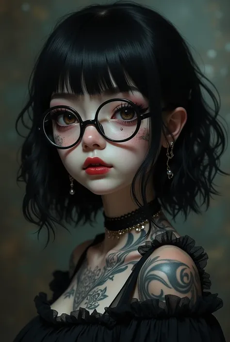  Gothic girl with fair complexion and tattoos . not attractive .  With shoulder-length black wavy hair and straight bangs. Shaved eyebrows .  outlined in black thick cat . Dark red lips painted . ELONGATED FACE,  with prominent chin and forehead .  THICK N...