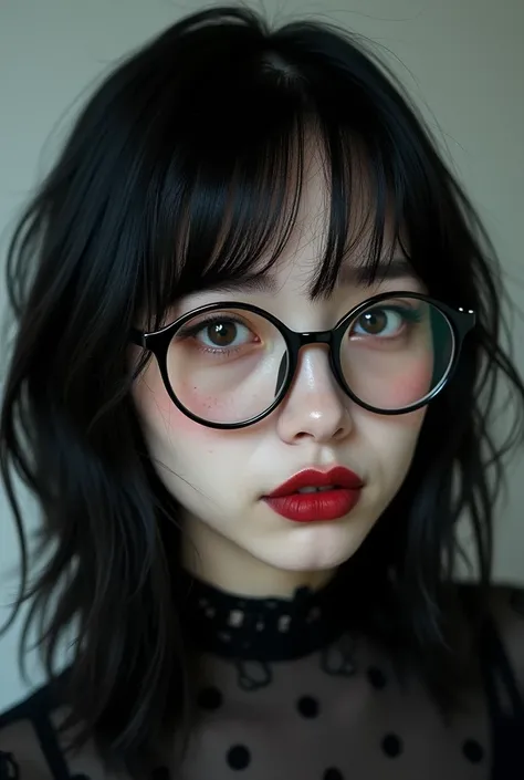  Gothic girl with fair complexion and tattoos . not attractive .  With shoulder-length black wavy hair and straight bangs. Shaved eyebrows .  outlined in black thick cat . Dark red lips painted . ELONGATED FACE,  with prominent chin and forehead .  THICK N...