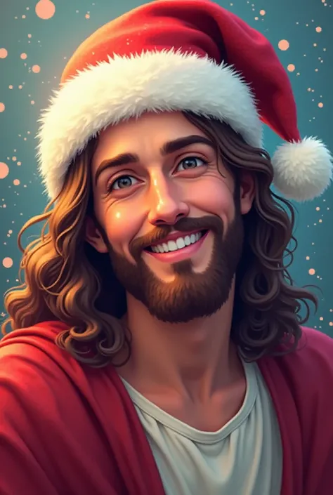 Create the image of Jesus in a more joyful way looking forward with a smile and wearing Santas hat and the Disney pixel image format in 4k