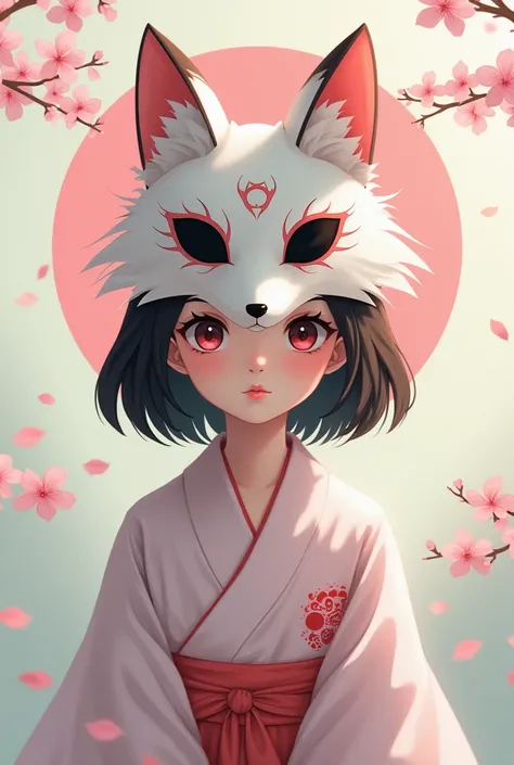  A girl wearing a yakujo mask ,  a mask from Japan ,  the mask will have fox dark circles ,  the mask must be a fox ,  on the mask may be drawn a Sakura leaf (Pink tree from Japan ), The image must have the girls whole body, cartoon anime style  