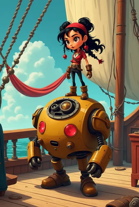 A 90s Disney animated scene of a girl pirate henchman with an eyepatch with one arm on top of a bomb-headed robot on a ship deck with a hammock in the background, With old colors and saturation of an old animation from the 90s