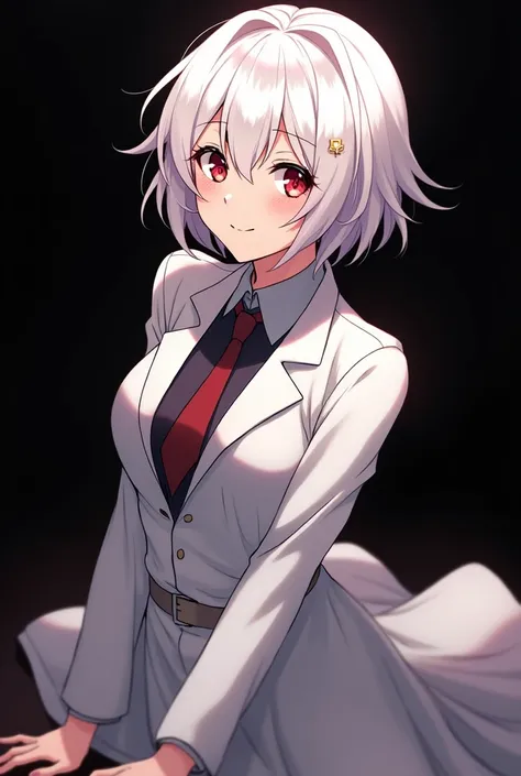 Masterpiece, 25 years anime girl, short white hair, precious crimson eyes, looking at spectator, long-sleeved white magic uniform, smiling, very cool pose, only black background