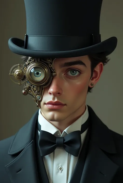 An image of Detective Hercule Poirot ,  but much younger and with a Biomechanical eye in the shape of a monocle.  Make the Biomechanical eye more described and a bow tie. Add a chic top hat to the character 