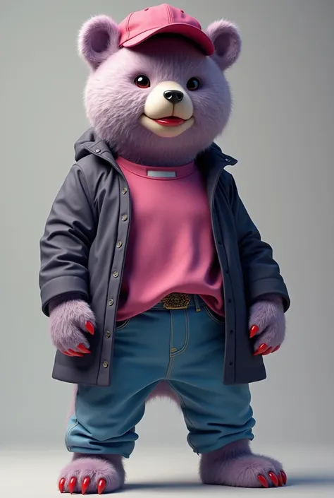 Make a bear look feminine like a standing human with only the back legs with red lips and the front legs like hands,  posing as a model in mischievous mode ,  youth clothing in pink and blue , with cap, modern style dark lilac coat ,  ultra realistic eleme...